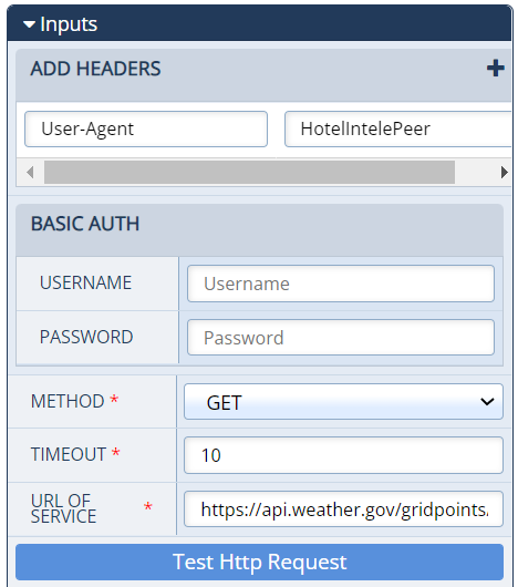 Inputs section of the Configurations Panel for an External Web Call action with sample values